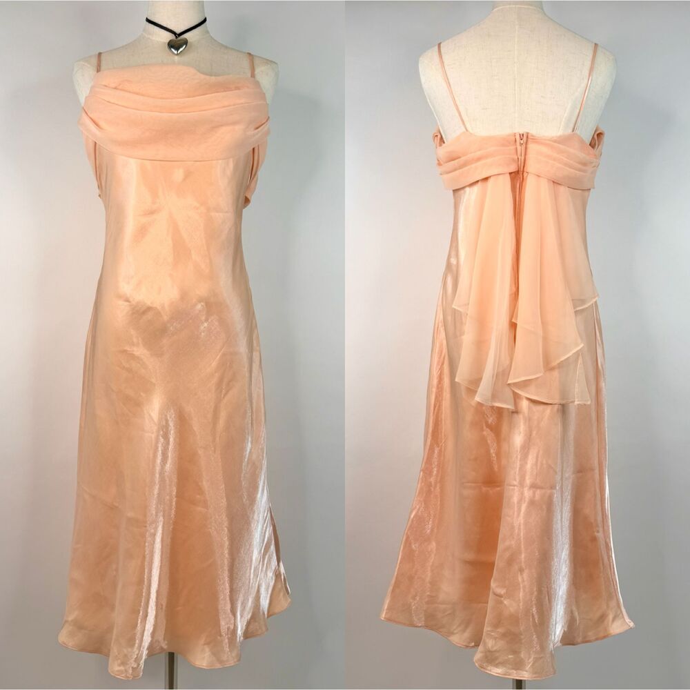 Vintage Peach Satin Iridescent Slip Fairy Midi Dress Cowl Neck 90s Whimsy Prom